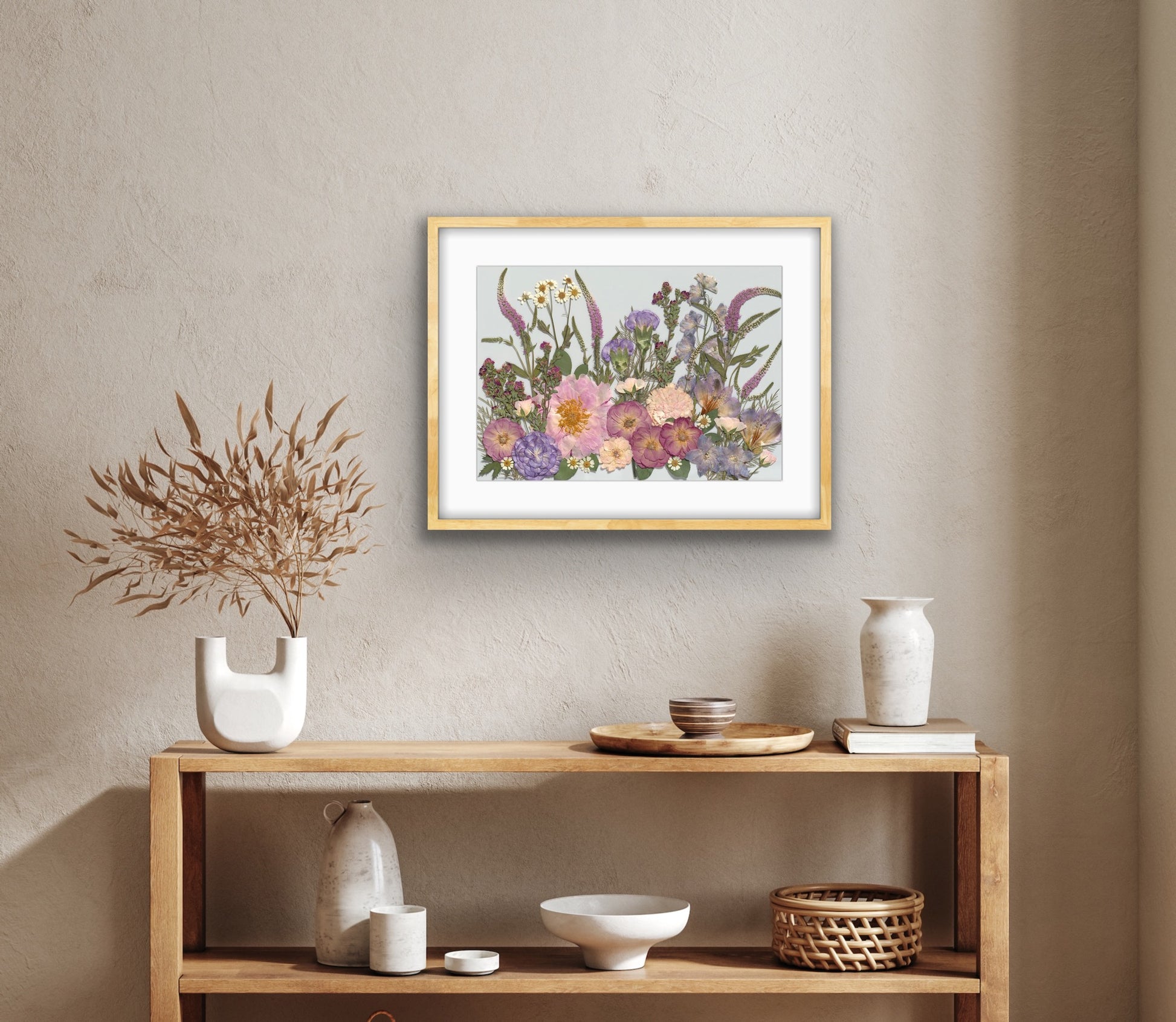 Pressed flower print  with veronicas, roses, carnations