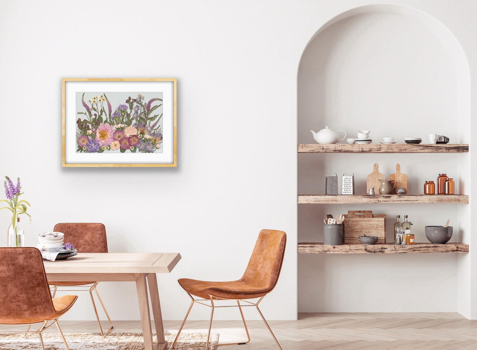 Pressed flower print in dining room with wooden table and chairs.