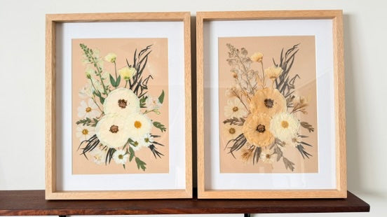 Comparison of Everfloré with original art over time. Left - the fine art print captured straight after flowers pressed and turned into art. Right - Art a year later, no colour enhancement, allowed to age naturally