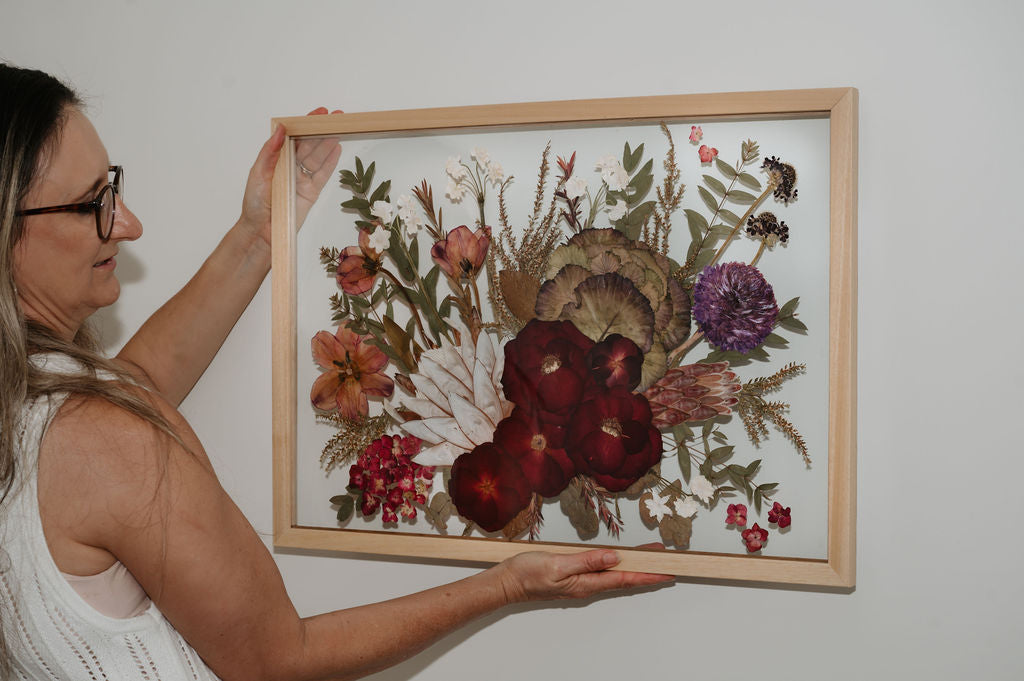 Pressed wedding bouquet preservation artwork created in Sunshine Coast Queensland