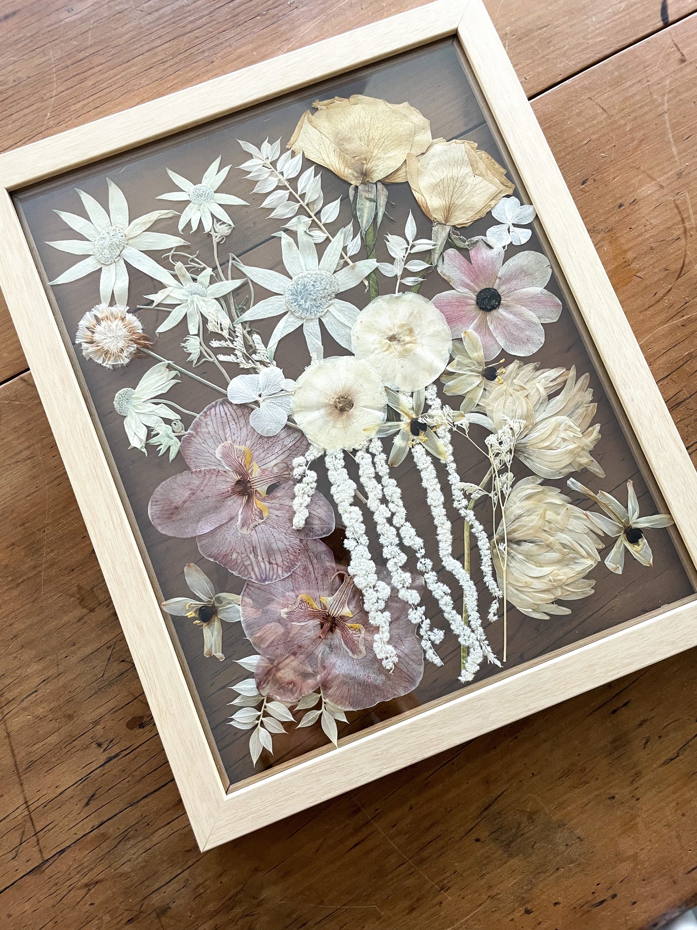 pressed bridal flowers in timber frame, preserved wedding flowers, brisbane flower preservation