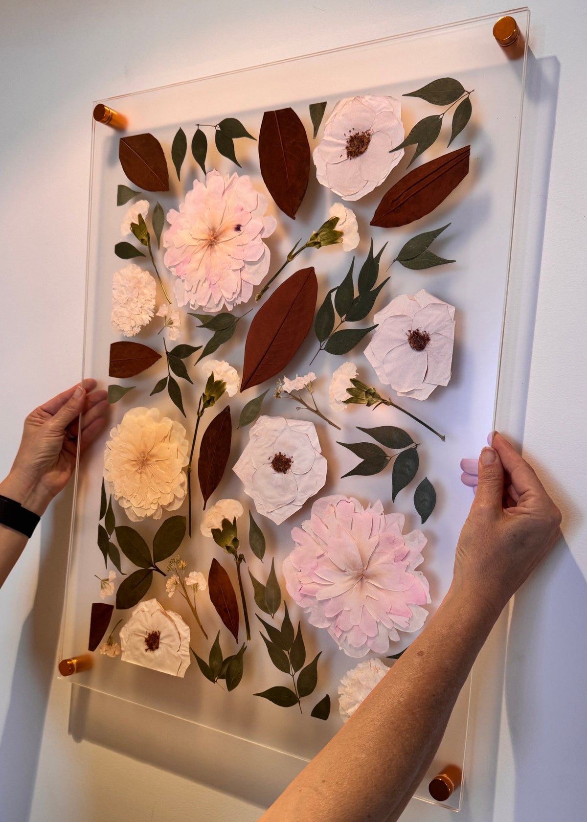 Pressed flowers displayed in a modern frame held by hands against a white wall.