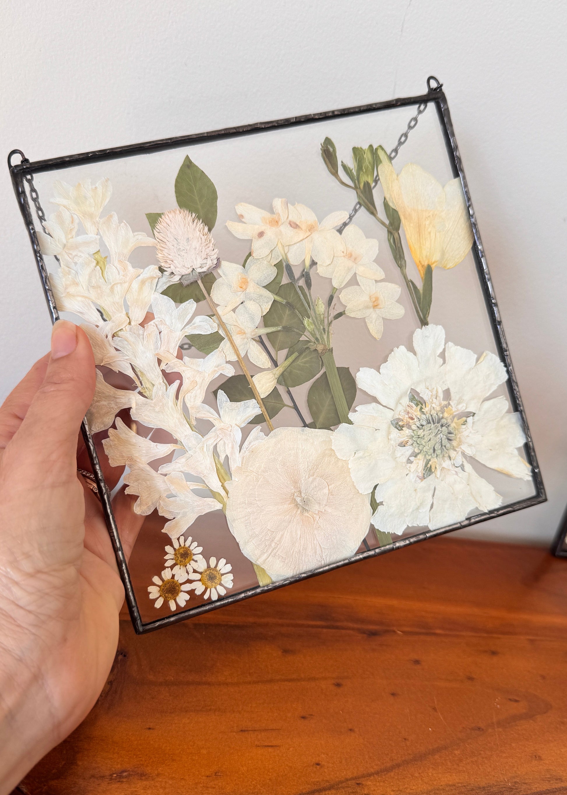 Pressed flower art with black backed copperfoil