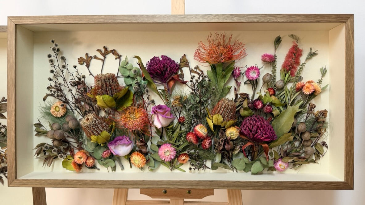 80cm x 40cm panorama shadowbox frame showcasing preserved native Australian flowers